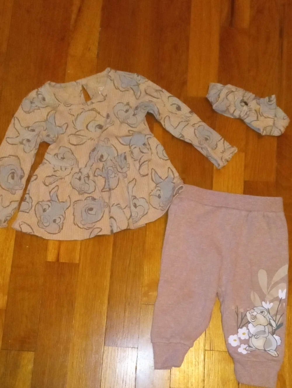 girl 6-9 month Disney Baby set, 3pc long sleeve pants and bow, Bambi